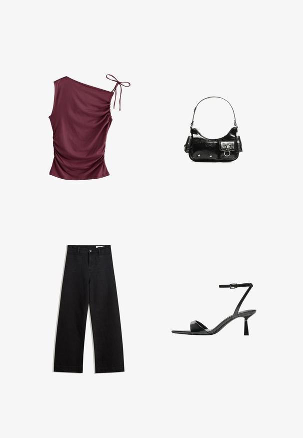 Next SOFT TOUCH RUCHED SLEEVELESS - Top - burgundy red; Schwarze weit geschnittene Jeans mit hoher Taille, ausgestattet mit Vorder- und Hintertaschen, gesteppten Nähten und einem Knopfverschluss. Glatte Textur.; Bershka High Heel Sandalette - black; Schwarze Lackleder-Handtasche mit geschwungenem Design, einem Schulterriemen, Vordertaschen und silberfarbenen Hardware-Akzenten.