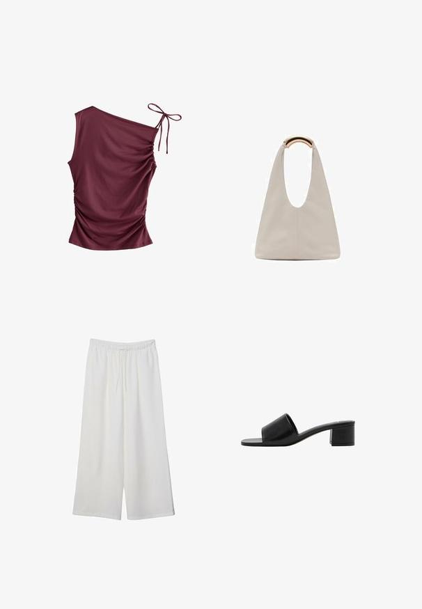 Next SOFT TOUCH RUCHED SLEEVELESS - Top - burgundy red; White wide-leg trousers made of lightweight fabric, featuring an elastic waistband and a drawstring for adjustable fit. Smooth texture.; Black leather open-toe slide sandal with a wide strap and a solid block heel. Features a smooth texture and minimal design.; Light gray leather bag with a U-shaped design and a curved metallic handle. Smooth texture with minimal stitching and no visible patterns.