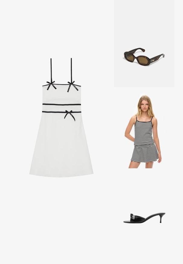 Robe débardeur rayée en marine et crème, avec des fines bretelles et une jupe évasée. Tissu en coton doux avec une silhouette épurée.; Robe sans manches blanche avec des accents de ruban noir aux épaules et à la taille. Texture lisse, longueur genou, silhouette ajustée, design à nervures subtiles.; Mules noirs en cuir à enfiler avec un accent nœud, ouvertes à l'avant et à talon haut fin. Texture lisse et design minimaliste.; Lunettes de soleil en écaille de tortue avec des montures ovales, des verres teintés bruns et le logo "Chloé" sur la branche. Matériau en plastique lisse avec finition brillante.; Live Diamond DIAMANT LAB GROWN - Collier - weiß/gold-coloured
