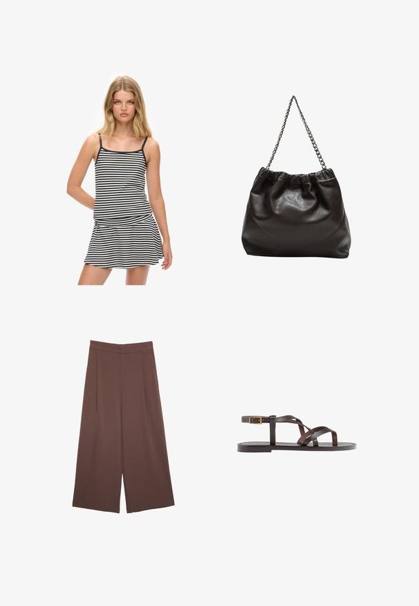 Striped tank dress in navy and cream, featuring thin straps and a flared skirt. Soft cotton material with a streamlined silhouette.; Brown wide-leg trousers with a smooth texture, featuring a high waist and front pleats. The fabric is lightweight and flows loosely.; Brown leather sandal featuring crisscross straps, an ankle buckle closure, and a flat sole with minimal stitching details.; Brown leather bag with a gathered top and a chain strap. Smooth texture with a glossy finish and subtle seam detailing on the sides.