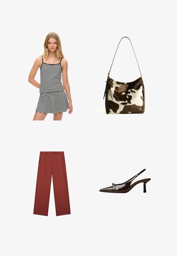 Gestreepte tankjurk in marineblauw en roomwit, met dunne banden en een uitlopende rok. Zachte katoenen stof met een gestroomlijnde uitstraling.; Wijduitlopende broeken in roestkleurige stof, met zijzakken en een naadloze voorkant, gemaakt van een gestructureerd, lichtgewicht materiaal.; Bruine gepatineerde leren slingback schoen met een spitse neus, lage hak en een decoratieve strikaccent aan de voorkant. Glad, glanzend oppervlak.; Bruine en crèmekleurige koeienhuid schoudertas met een gladde leren band, ritssluiting en een zachte, tekstuursurface met een natuurlijk patroon.