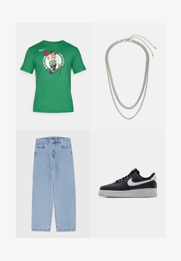 Zöld pamut póló Boston Celtics logóval, amelyen egy kobold karakter látható, amint egy kosárlabdát tart. Rövid ujjú és kerek nyakú dizájn.; Világoskék farmernadrág egyenes szárú kivitelben, közepes derékkal, öt zsebbel, gombos és cipzáros záródással.; Fekete bőr edzőcipő mintás felülettel, fehér Nike logóval, szürke talppal, kerek orral és fűzős dizájnnal. Az orr részen perforációk találhatóak.; Háromrétegű ezüstszínű fém nyaklánc, letisztult, rugalmas láncokkal, enyhe fényességgel, homárkapoccsal rögzítve és állítható lánccal.