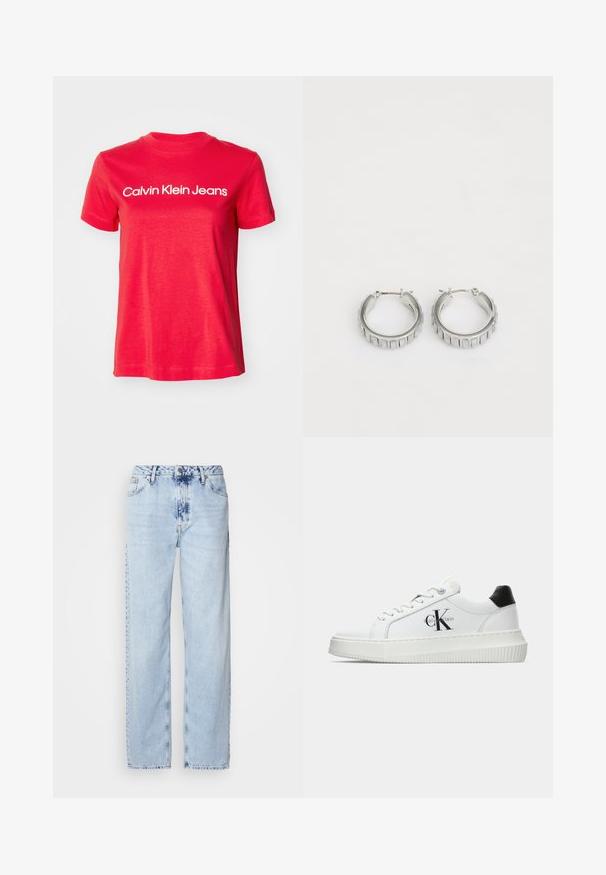 Tricou din bumbac roșu, cu mâneci scurte și guler rotund. Logo-ul "Calvin Klein Jeans" în alb, plasat pe piept. Design simplu.; Jeans lejere de culoare albastru deschis, realizate din denim, având talie înaltă, spălare ușoară și un model subtil de tie-dye pe partea din față.; Adidași albi cu glezna joasă, cu tab-ul de călcâi negru, talpă platformă, șireturi și logo-ul "CK" de la Calvin Klein pe lateral.; Cercei din argint în formă de cerc cu un design texturat, ce prezintă striții verticale. Formă circulară cu un sistem de închidere sigur. Finisaj neted.
