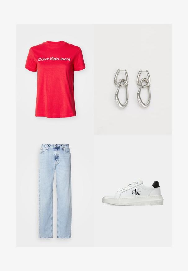 Punane puuvillane T-särk, millel on lühikesed varrukad ja ümmargune kaelus. "Calvin Klein Jeans" logo valges toonis rinnaosas. Lihtne disain.; Heledad sinise värvi laiad teksad, mis on valmistatud denimist, kõrge vöökoht, pleekinud pesu ja peen tie-dye muster ettepoole.; Valge madalate sokkidega jooksutoss, millel on must konts, platvormi tallad, paelad ja Calvin Kleini "CK" logo küljel.; Calvin Klein STATEMENT LINKS - Kõrvarõngad - silver-coloured