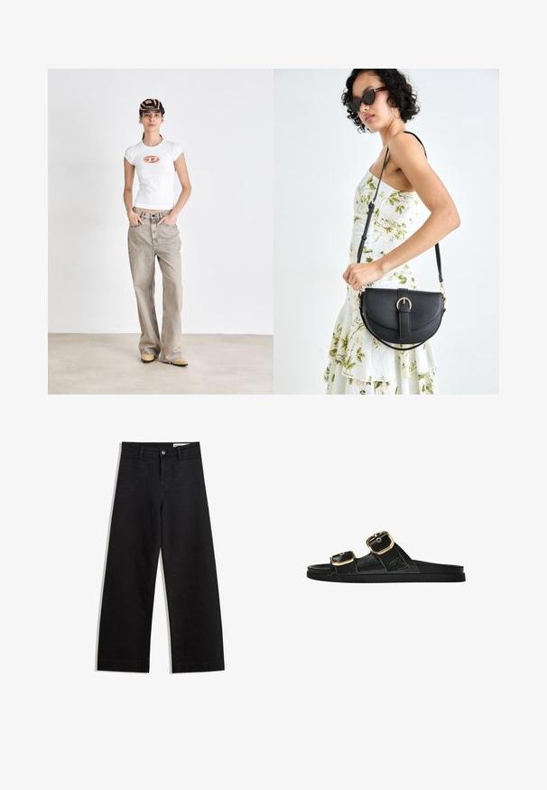 Majica s kružnim narančastim logom na bijelom uskom osnovnom dijelu, uparena s laganim bež hlačama širokih nogavica i žutim cipelama. Crni i zlatni šešir.; Crne široke traperice s visokim strukom, s prednjim i stražnjim džepovima, šivenim šavovima i kopčanjem na gumb. Glatka tekstura.; Crne sandale na klizanje s dva zlatna akcenta u obliku kopči, glatkog teksturiranog materijala, ravnim potplatom i minimalističkim dizajnom.; Crna kožna torba s lukovitim oblikom, odvojivim remenom i zlatnim detaljima. Torba ima preklop s kopčom.