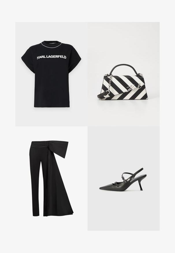 Musta puuvillainen t-paita lyhyillä hihoilla, jossa on valkoinen "KARL LAGERFELD" -logo rinnassa ja pyöreä pääntie, jossa on kontrastivärinen kantti.; Musta housut, joissa on leveä, roikkunut vyöyksikkö vyötäröllä. Sujuva kangas, suora lahkeiden leikkaus ja laskostettu vyötärönauha.; Mustat nahkaiset slingback-korkokengät, joissa on terävä kärki, hoikka korko ja koristeellinen solkityyny varpailla. Tasainen pinta ja tyylikäs muotoilu.; Mustikkamustavalkoinen raita käsilaukku, jossa on jämäkkä muoto, ylhäällä oleva kahva, irrotettava ketjuhihna ja metallinen logoelementti.