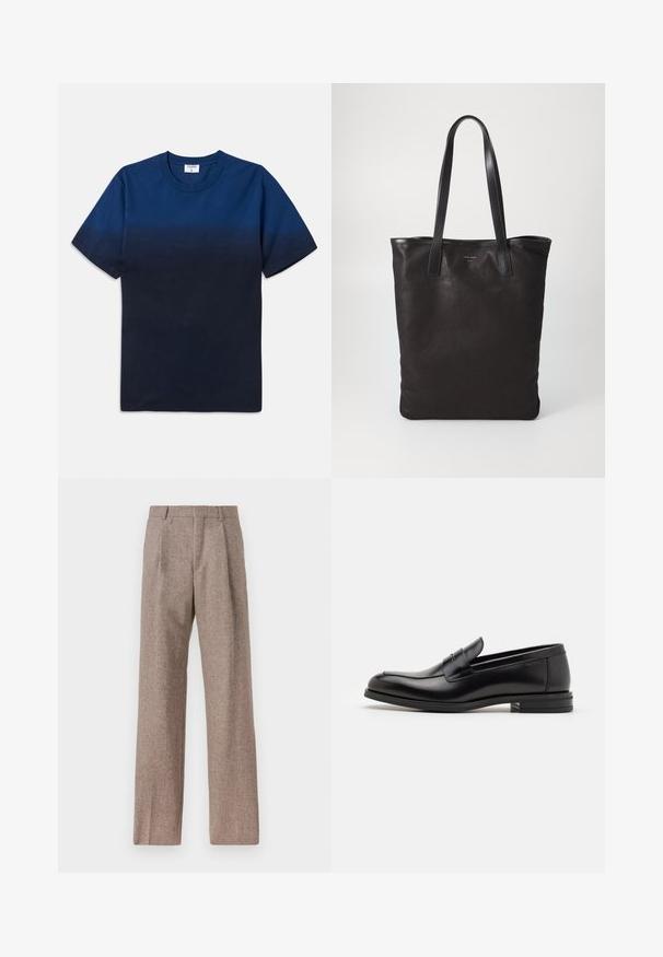 Navy blue cotton t-shirt with a round neck, short sleeves, and a subtle gradient design transitioning from lighter to darker shades.; Brown, high-waisted trousers made of textured fabric. Features wide legs and two front pleats for structure. Neat finish with no visible hardware.; Black leather loafers with a smooth texture, rounded toe, and a decorative strap across the vamp. Low stacked heel, minimalist design.; Black canvas tote bag with black leather handles. Simple design, spacious body, and a smooth texture. No visible logos or patterns.