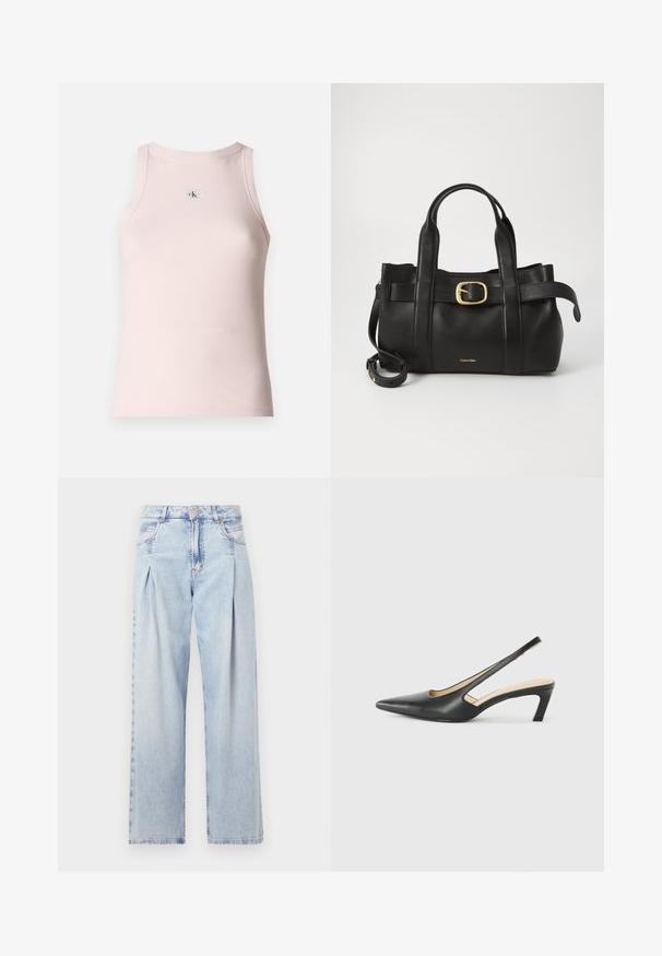 Heled roosa ribaga särk ümmarguse kaeluse ja õhukeste õlgadega rihmadega; esiküljel on väike logopatch.; Heledad sinise denimist valmistatud teksapüksid kõrge vöökohaga, laia jala lõikega, kahe külje taskuga ja pleedi disainiga. Pehme tekstuur ja pleekinud viimistlus.; Must mustaga, terav varvas, madala kontsaga sildiga king, mis on valmistatud siledast nahast ja mille küljel on lõike disain hingavuse tagamiseks.; Must mustraga nahkakott, millel on struktureeritud disain, kaks ülemist kanda, kuldse tooni pandla aktsent ja esiküljel embosseeritud brändi logo.