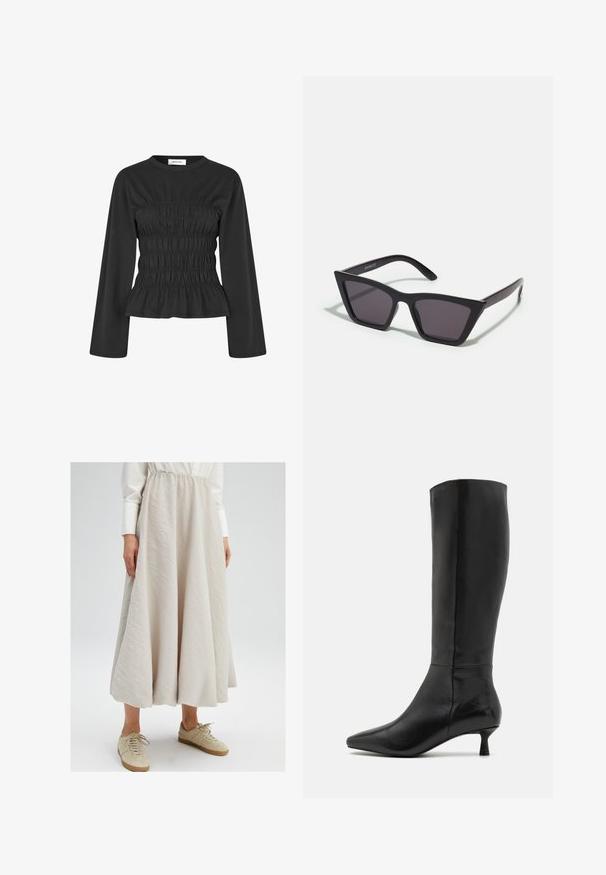 Modström LILLIE czarny; Jasno beżowa spódnica do kolan wykonana z teksturowanej tkaniny, z elastycznym pasem, w połączeniu z beżowymi sneakersami, tworząca casualowy wygląd.; Zign - Kozaki; Czarne, kanciaste okulary przeciwsłoneczne z szarymi soczewkami; wykonane z plastiku, z grubymi zausznikami o gładkiej powierzchni i bez widocznych elementów metalowych.