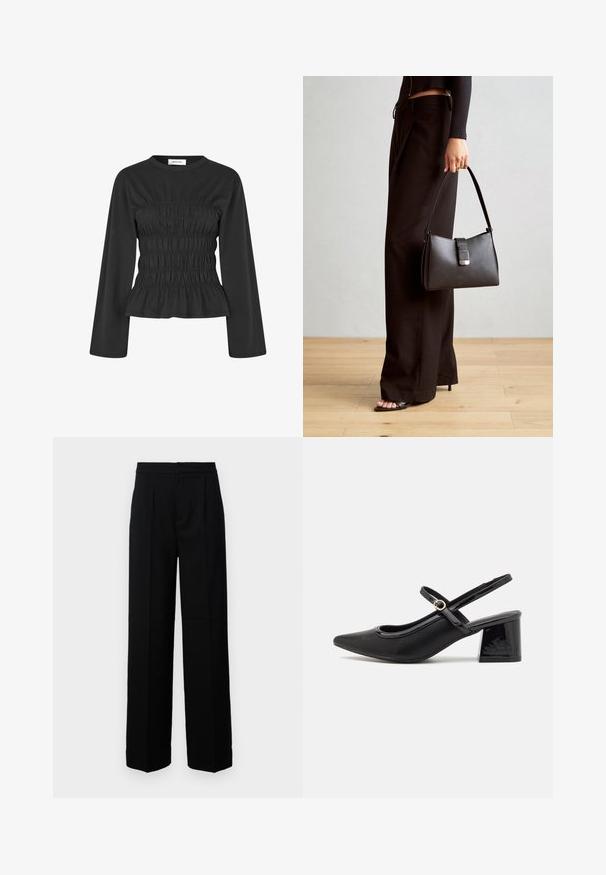 Modström LILLIEMD - Top s dlouhým rukávem - black; Černé široké kalhoty s hladkým povrchem, s rovnými předními částmi, sklady a dokonale ušitým pasem. Žádné viditelné kovové prvky nebo vzory.; Černé lakované lodičky s otevřenou patou, špičatou špičkou, zaobleným střihem a blokovým podpatkem. Zdobené akcentem v zlatém tónu.; Černá kabelka se strukturovaným tvarem, hladkým povrchem a kovovým uzávěrem. Kombinována s širokými černými kalhotami a sandály s otevřenou špičkou na dřevěné podlaze.