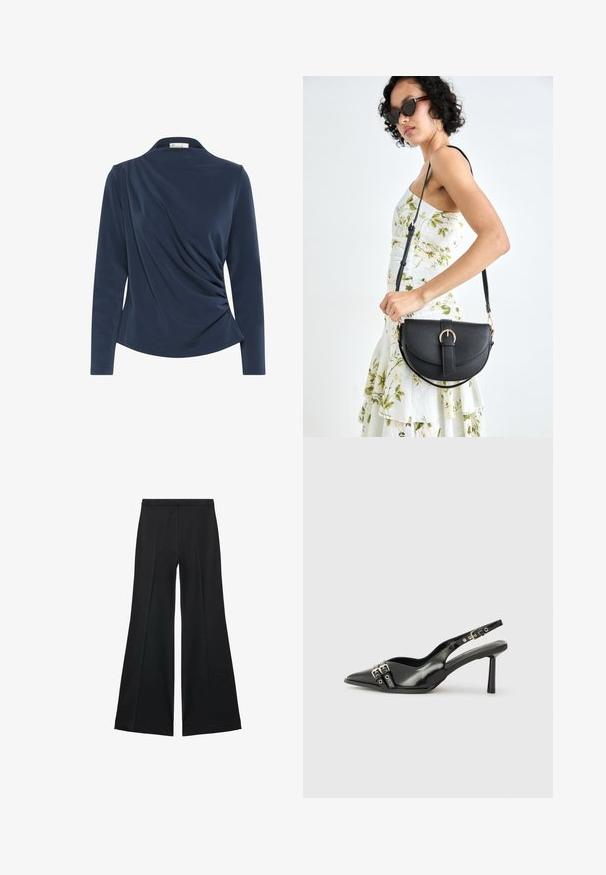 Navy long-sleeve top with a collared neckline, featuring gathered fabric on the front and smooth texture throughout.; Black wide-leg pants with a smooth texture, featuring front pleats and a tailored design. The fabric is lightweight and flowy.; Black patent leather slingback shoe with pointed toe, ankle straps featuring silver buckles and hardware, and a slender heel.; Black leather handbag with a curved shape, detachable strap, and gold hardware. The bag features a flap with a buckle detail.