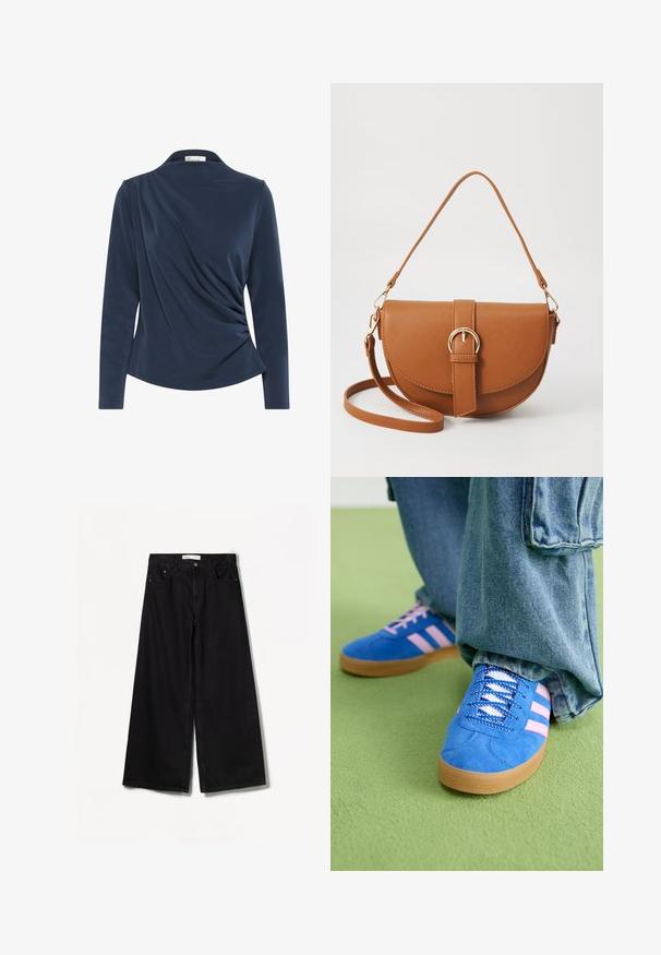 Tengerészkék, hosszú ujjú felső, galléros nyakkivágással, az elején redőzött anyaggal és sima textúrával.; Bershka WIDE-LEG - Széles szárú - black; Kék velúr cipők rózsaszín csíkokkal és fehér fűzővel, gumiból készült talppal, laza farmernadrággal egy zöld felületen.; Barna bőr keresztbody táska ívelt formával, aranyszínű fémrészekkel és csat díszítéssel. Levehető vállpánttal rendelkezik.