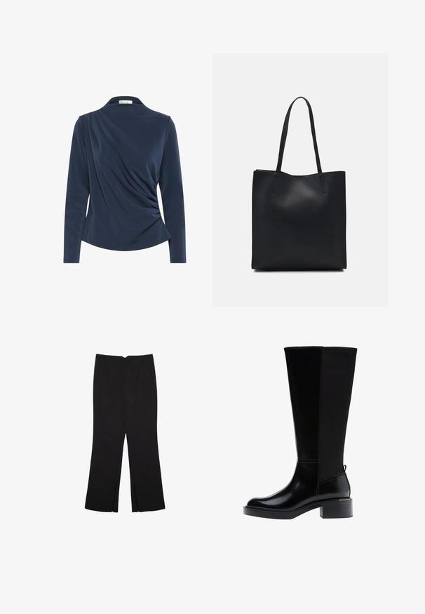 Námořnická modrá blůza s dlouhými rukávy a límečkem, se zřasenou látkou na přední straně a hladkým povrchem po celém obvodu.; Čierne nohavice so strihom rovného strihu, s prednými vreckami a bočnými rozparkami na leme. Vyrobené z mäkkej, hladkej tkaniny. Vhodné na rôzne príležitosti.; Čierna čižma po kolená s hladkým koženým povrchom, výrazným šitím, masívnym podpätkom a textúrovaným zadným panelom pre väčší záujem.; Čierna kožená taška na rameno s hladkým povrchom, obdĺžnikovým tvarom a dvoma dlhými uchami. Bez viditeľného kovania alebo ozdôb.