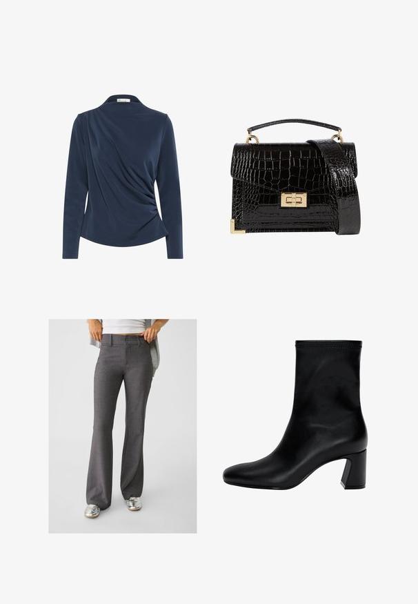Marinefarbener Langarmoberteil mit Kragen, das im Frontbereich gerafftes Material aufweist und insgesamt eine glatte Textur hat.; Graue, ausgestellte Hosen aus strukturiertem Stoff, mit einer Zwei-Knopf-Verschluss und Gürtelschlaufen, kombiniert mit glänzenden silbernen Sneakers.; Schwarzer Knöchelstiefel aus glattem Leder. Mit quadrater Zehenpartie, elastischem Schaft und einem stabilen Blockabsatz. Minimalistisches Design.; Schwarz lackierte Handtasche mit Krokodilstruktur, goldfarbenen Hardware, einem oberen Griff und einem abnehmbaren Schulterriemen. Rechteckige Form mit Klappenverschluss.