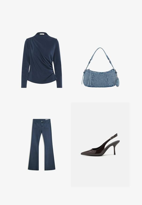 Mornarska majica z dolgimi rokavi s svojim ovratnikom, ki ima napet material na sprednji strani in gladko teksturo po celotni dolžini.; Temno modri široki kavbojke iz denima s prišitimi žepi, gumbom za zapiranje in gladko teksturo. Imajo klasičen dizajn s petimi žepi.; Slingback visoke pete v sijajni temno rjavi lak koži, koničastim nosom, odprtimi stranmi in nastavljivim gležnjenčkim trakom.; Denim torbica s zakrivljenim oblikom, svetlo modre barve, nastavljivim naramnicam in majhno odstranitveno torbico z metalnimi detajli.