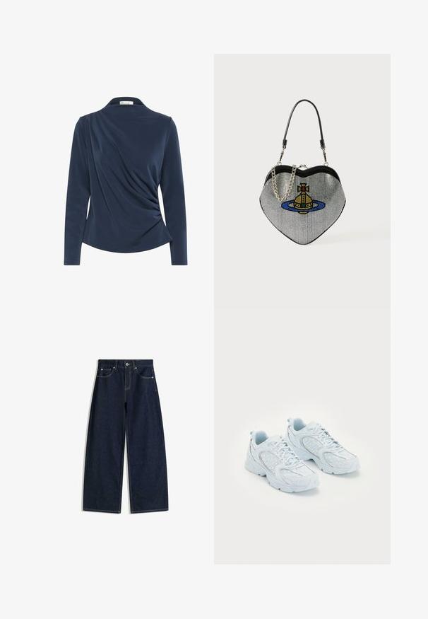Navy long-sleeve top with a collared neckline, featuring gathered fabric on the front and smooth texture throughout.; Dark blue wide-leg denim jeans with front pockets, button closure, and visible stitching on a white background.; Light blue athletic shoes with a mesh and synthetic upper, featuring white polka dots and reflective accents, lace-up design, and cushioned soles.; Heart-shaped handbag made of mesh with a metallic finish, featuring a cat and planet design in blue, yellow, and red. Includes a chain strap.
