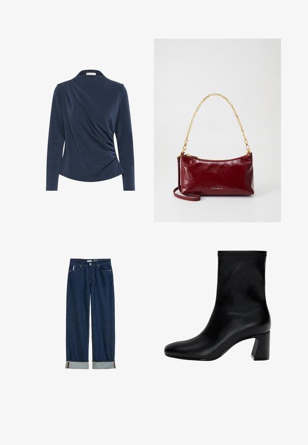 Marinefarbener Langarmoberteil mit Kragen, das im Frontbereich gerafftes Material aufweist und insgesamt eine glatte Textur hat.; Dunkelblaue Jeans aus Denim mit geradem Bein, umgeschlagenen Säumen, sichtbarem Stich und klassischem Fünf-Taschen-Stil.; Schwarzer Knöchelstiefel aus glattem Leder. Mit quadrater Zehenpartie, elastischem Schaft und einem stabilen Blockabsatz. Minimalistisches Design.; Burgunderfarbene Ledertasche mit glatter Oberfläche, goldener Kettenriemen und Reißverschluss. Prägierte Logo auf der Vorderseite. Kompakt gestaltet.