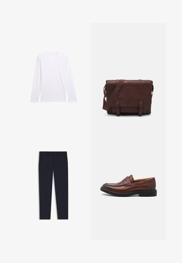White long-sleeve T-shirt with a round neckline, soft cotton material, and a simple, unadorned design. No visible logos or patterns.; Navy trousers with a tailored fit, featuring two front pockets, a flat front design, and a smooth texture. No visible patterns or embellishments.; Brown leather loafers with a rounded toe, decorative stitching, and a black rubber sole. Smooth texture and minimal design details.; Brown leather messenger bag with a flat front flap, two straps, gold hardware accents, and an adjustable shoulder strap.