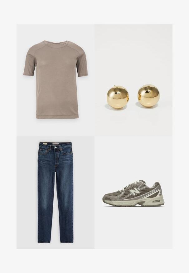 Beige kortärmad ribbad t-shirt med rund hals och synliga sömmar på ärmar och halsringning, uppvisad plant på vit bakgrund.; Beige långärmad skjorta i lätt tyg, med krage, knappstängning och rundad nederkant. Slät textur, avslappnad passform.; Mörkblå raka jeans med fem fickor, knapp- och dragkedjestängning och kontrastsytt.; Idrottssko i grå och beige mesh med en texturerad yta, utrustad med en dämpad sula, vita snören och reflekterande silvriga detaljer.; Guld runda studsörhängen med en polerad yta och liten post. Har en slät textur och reflekterande yta.