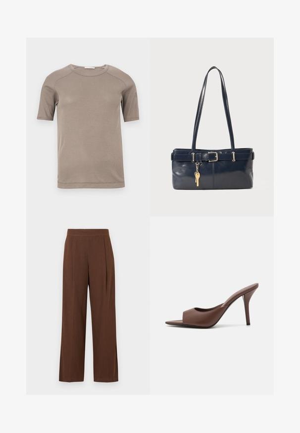 Short-sleeve beige ribbed crewneck t-shirt with visible stitching on sleeves and neckline, displayed flat on a white background.; Brown wide-leg trousers with a smooth texture, featuring a flat front and pleats. The waistband is elasticized for comfort and fit.; Brown leather open-toe high-heeled mules with a sleek design, featuring a wide front strap and a slender stiletto heel.; Navy leather handbag with two long handles, a buckle detail, and a keychain attached. Features a smooth texture and a rectangular shape.