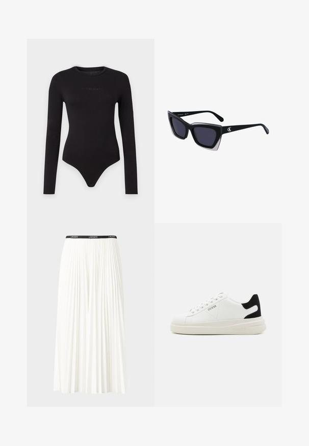 Melna garām piedurknēm bodijs, izgatavots no mīkstas auduma, ar apaļu kakla izgriezumu un strukturētu "Guess Jeans" logo uz priekšējās daļas.; Gari plānas baltas svārku ar melnu elastīgu jostu, uz kuras redzams "LACOSTE" logo. Vidēja garuma dizains ar mīkstu tekstūru.; Baltas ādas sporta apavi ar biezu balto zoli, melna zamša uzpura un izspiestais logotips sānos. Šņorējuma dizains ar sešiem acu caurumiem.; Melni pārmēru saulesbrilles ar ģeometrisku formu, kas aprīkotas ar tumšiem stikliem un kontrastējošu pelēku akcentu uz rāmja. Logo uz kājas.