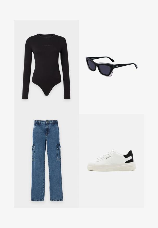 Czarny bodysuit z długim rękawem wykonany z miękkiej tkaniny, z okrągłym dekoltem i teksturowanym logo "Guess Jeans" z przodu.; Niebieskie dżinsowe spodnie cargo o luźnym kroju, z dwiema bocznymi kieszeniami, wzmocnionymi szwami i prostym krojem nogawki.; Białe skórzane sneakersy z grubą białą podeszwą, czarnym zamszowym akcentem na pięcie oraz wytłoczonym logotypem z boku. Projekt z sznurówkami i sześcioma dziurkami.; Czarne, oversize okulary przeciwsłoneczne o geometrycznym kształcie, z ciemnymi soczewkami i kontrastującym szarym detalem na oprawie. Logo na ramieniu.; Srebrne kolczyki koła o gładkiej, błyszczącej powierzchni, z zakrzywionym kształtem i zapięciem na sztyft. Minimalistyczny design z nowoczesnym wykończeniem.