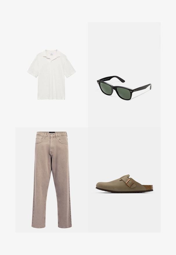 Korte mouwen polo shirt in gebroken wit katoen, met een klassieke kraag, zijsplitten en een gestructureerd oppervlak voor een comfortabele pasvorm.; Lichtbeige jeans met rechte pijpen, een licht vervaagde textuur, vijfzakkenontwerp en metalen knoopsluiting. Opvallende stikseldetails.; Bruine klompen met een gladde, matte afwerking. Beschikt over een opvallende bronzen gesp aan de zijkant. Korken voetbed en rubberen buitenzool voor comfort.; Zwarte plastic zonnebril met groene lenzen, vierkante montuur, zilveren accent op de wenkbrauw en een gestructureerde tempel. Merken vermeld op de binnenkant van de arm.