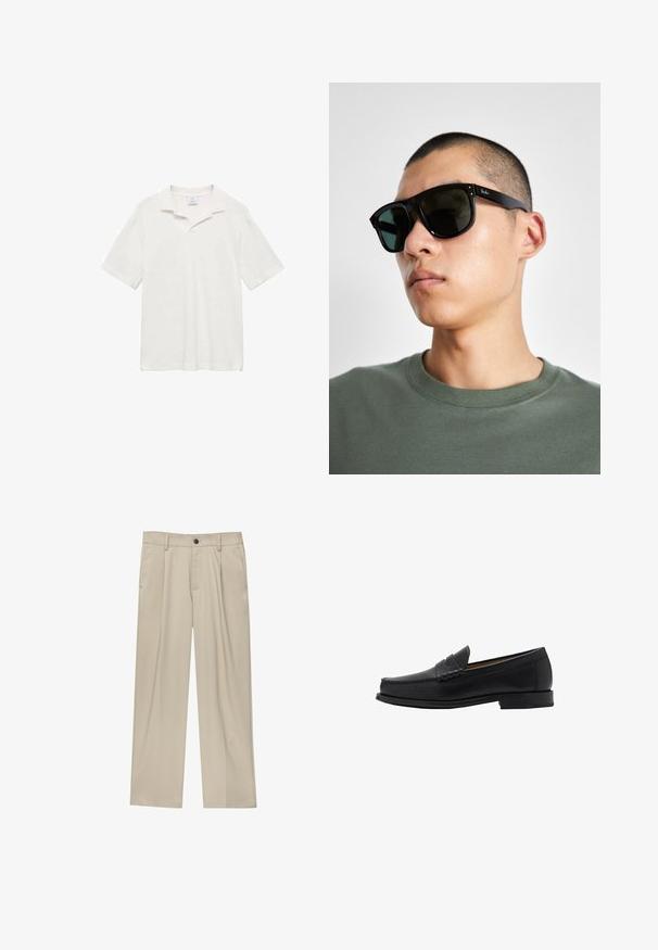 Polo majica s kratkimi rokavi v off-white barvi iz bombaža, z klasičnim ovratnikom, stranskimi razpoki in strukturirano površino za udobno prileganje.; Bež hlače ravnega kroja, z enim črnim gumbom, zanke za pas in stranskimi žepi. Gladka tekstura tkanine in minimalističen dizajn.; Mango Elegantni čevlji brez vezalk - black; Črne pravokotne sončna očala s temnimi lečami, ki imajo značilno obliko in blagovno znamko na ročaju. Nosijo jih oseba v zeleni majici.