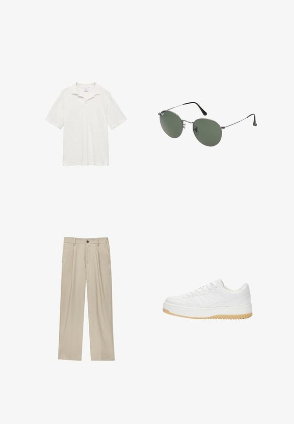 Kortærmet polo skjorte i off-white bomuld med klassisk krave, sideslids og en struktureret overflade for en behagelig pasform.; Beige bukser med lige snit, der har en enkelt sort knap, bæltestropper og sidelommer. Glat stoftekstur og minimalistisk design.; Hvide lædersneakers med struktureret finish, der har en gummisål, snørebåndsdesign og diskrete stribedetaljer på siderne.; Metalrammede solbriller med ovale grønne linser. Tynd sølvmetalramme og sorte ørepropper. Minimalistisk design, ingen synlige logoer.