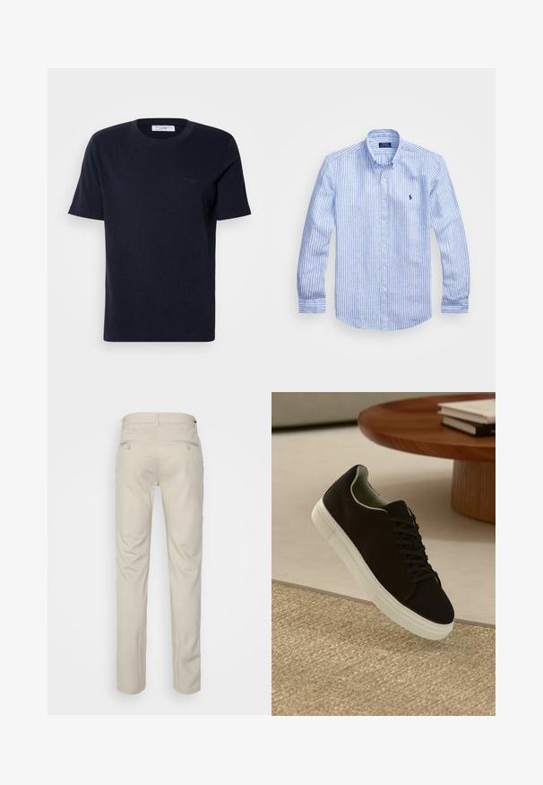 Jūras zila kokvilnas T-krekliņš ar īsām piedurknēm, aplokšņu apkakli un mazu logo detaļu krūtīs. Gluda tekstūra, klasiskā piegriezne.; Zila un baltā svītru garām piedurknēm krekls izgatavots no kokvilnas, ar pogājamu apkakli, priekšējām pogām un nelielu izšūtu logotipu uz krūtīm.; Bežīgas bikses ar gludu tekstūru, taisnas kājas, divas aizmugurējās kabatas ar pogām un standarta jostas vietu.; Melni sporta apavi ar baltu zoli, kas peld virs bēša tekstūrēta paklāja netālu no apaļa koka galda ar sakrautiem grāmatām.