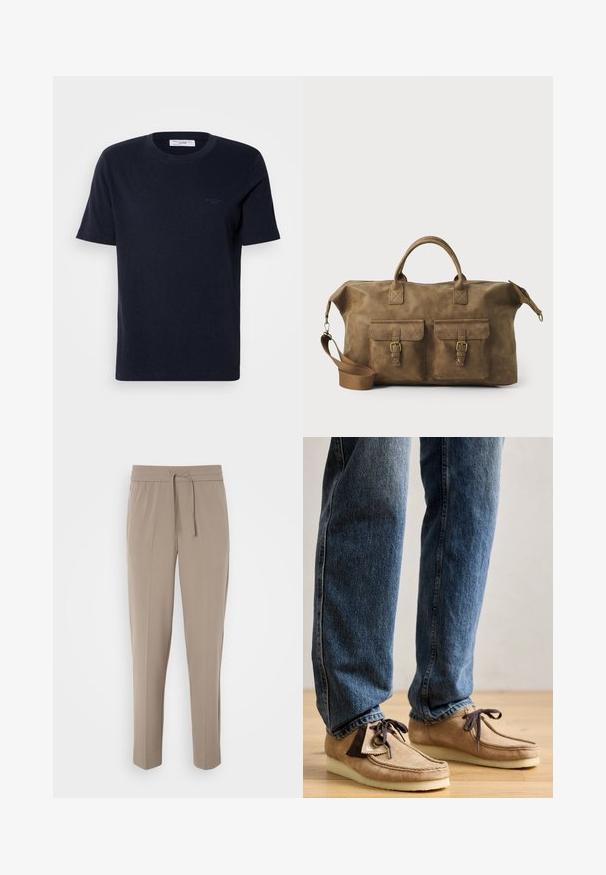 Navy blue cotton t-shirt with short sleeves, round neckline, and small logo detail on the chest. Smooth texture, classic fit.; Light beige trousers with an elastic waistband, adjustable drawstring, and tapered legs. Fabric appears smooth with a slight sheen.; Suede moccasins in tan with dark brown accent, rounded toe, and plush white sole. Features lace-up design and stitched detailing.; Brown leather duffel bag with two front pockets, adjustable shoulder strap, gold hardware, and sturdy top handles. Smooth texture.