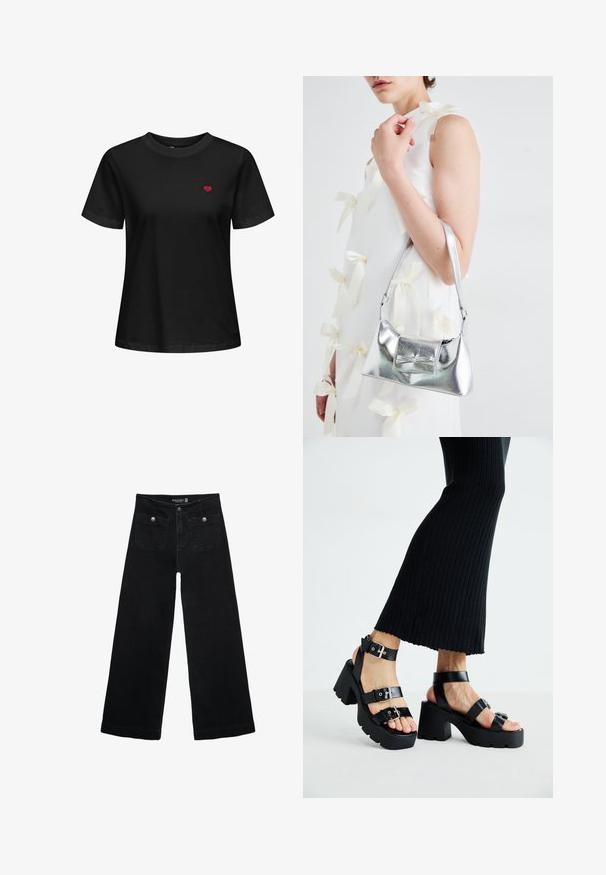Svart bomullströja med rundad halsringning, korta ärmar och ett litet rött hjärta broderat på vänster bröst.; Svart vida jeans med hög midja, med två framfickor och metalldetaljer i form av knappar. Tyget har en mjuk textur.; Svarta plattformssandaler med kraftiga yttersölar och flera remmar, med metalspännen och en slät läderliknande yta.; Silver metallic handväska med en strukturerad form, utrustad med ett handtag upptill och en rosettdetalj på framsidan. Slät textur, reflekterande finish.
