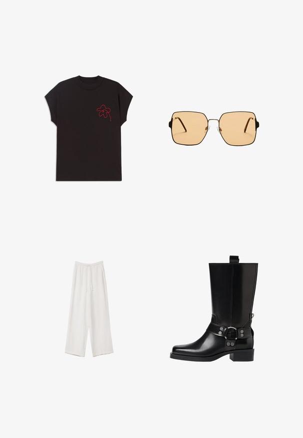 Black short-sleeve t-shirt with a round neckline; features a red embroidered flower design on the left chest area. Smooth fabric texture.; White wide-leg trousers made from a lightweight fabric. Features an elastic waistband with a drawstring and side pockets. Smooth texture.; Black leather knee-high boot with a pointed toe, silver buckle accents, and a chunky heel. Features a pull tab for easy wear.; Square sunglasses with brown lenses and a thin black metal frame. Features angled temples and adjustable nose pads for comfort.