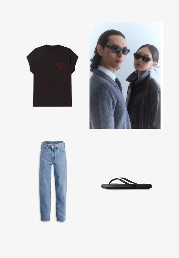 Black short-sleeve t-shirt with a round neckline; features a red embroidered flower design on the left chest area. Smooth fabric texture.; Light blue jeans made of denim, with a relaxed fit, straight leg, five-pocket design, and frayed hems for a casual look.; Black flip-flop featuring a textured rubber sole, two slender straps, and a subtle, embossed logo detail on the strap.; Sunglasses with angular black frames on model with a gray sweater, showcasing textured knit and a black leather jacket worn by another model.; Zippered pouch in dark navy, made of glossy material, with a smooth texture and subtle branding on the front. Compact and versatile design.