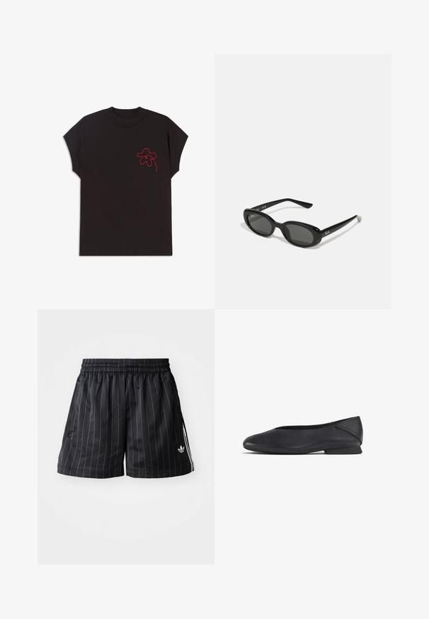 Sort kortærmet T-shirt med rund halsudskæring; har et rødt broderet blomsterdesign på venstre brystområde. Glat stofstruktur.; Sorte sportsshorts med hvide vertikale striber, elastisk livrem og sidelommer. Har et mærkelogo i hvidt nederst til venstre.; Sorte læder flade sko med rund tå og lav hæl, designet til både casual og formelt brug.; Sorte solbriller med ovale linser, blank plastikramme og slanke arme. Har Ray-Ban-logo i hvid på siden.; DRAGON DIFFUSION SANTA CROCE - Håndtasker - black