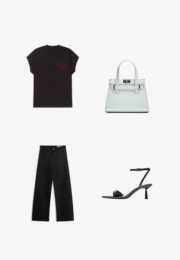 T-shirt nera a maniche corte con scollo rotondo; presenta un design di un fiore ricamato rosso nella zona sinistra del petto. Tessuto dalla consistenza liscia.; Pantaloni in denim neri a gamba larga con vita alta, dotati di tasche anteriori e posteriori, cuciture a punto, e chiusura con bottone. Texture liscia.; Bershka Sandali con tacco - black; Borsa a mano azzurro chiaro con design strutturato, due manici e chiusura in metallo tono argento. Materiale testurizzato e angoli acuti.