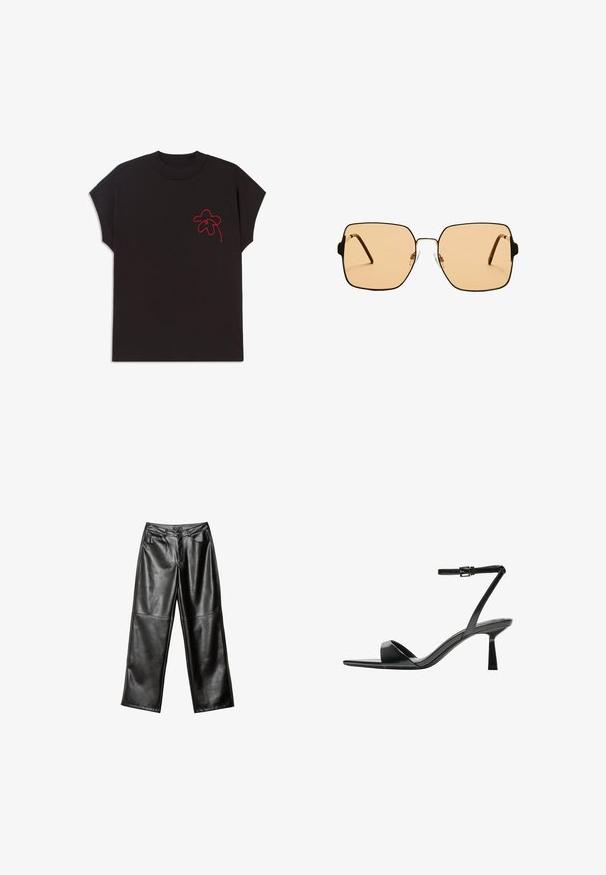 Zwarte short-sleeve t-shirt met ronde halslijn; voorzien van een rood geborduurd bloemenontwerp op de linkerborst. Soepele stofstructuur.; Zwarte leren broek met brede pijpen, een gladde textuur, vijf zakken en gestikte details langs de benen en de tailleband.; Bershka Sandalen met hoge hak - black; Vierkante zonnebril met bruine lenzen en een dun zwart metalen frame. Beschikt over schuine pootjes en verstelbare neuspads voor comfort.; Bruine leren schoudertas met een gebogen vorm, gouden hardware en een gespaccent. Bevat een afneembare schouderriem.