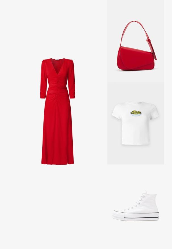 Valge lühikese varrukaga t-särk, millel on ees roheliste oliivide kaunistus. Lihtne, lõdvestunud disain ja puuvillane materjal.; Punane kleit V-kaelusega, kolmeveerandvarrukatega ja kokku tõmmatud detailidega vöökoha ja selja juures. Kangas näib olevat sile ja kerge.; Valge kõrgem kangast tenniseking, millel on must kummist tald, ees kummist varvasetugi ja kuus aukku paelte jaoks, pakkudes puhta ja minimalistliku disaini.; Punane nahast käekott, millel on nurkadega geomeetriline disain. Omab ühte reguleeritavat rihma ja klappidega sulgemist, millel on õmblustega kaunistused.