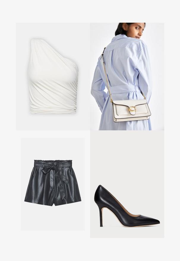 Üks õlg valge top kerge, drapeeritud kangast. Omab kogutud tekstuuri külje ääres ja sujuvat, voolavat disaini.; Mustad nahkšortsid kõrge vöökoht, elastne pael, eemaldatav vöö ja sile tekstuur. Sisaldab lamedat esiosa ja küljetaskuid.; Must must naha kõrged kontsad, terava ninaga ja kitsaste stilettokontsad. Sile tekstuur ja minimaalne detailide hulk loovad klassikalise disaini.; Valge nahast kott kuldse riistvaraga, esi-klapi ja musta ääristusega, millel on kettvõll, kantud üle keha helesinise särgi vastu.