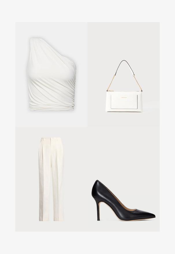 Üks õlg valge top kerge, drapeeritud kangast. Omab kogutud tekstuuri külje ääres ja sujuvat, voolavat disaini.; Polo Ralph Lauren HEMP WIDE LEG PANT - Püksid - nevis; Must must naha kõrged kontsad, terava ninaga ja kitsaste stilettokontsad. Sile tekstuur ja minimaalne detailide hulk loovad klassikalise disaini.; Valge nahast kott tekstureeritud viimistlusega, millel on kuldne kettling ja mustad aktsendid. Include eesmine tasku ja tõmblukk.; Lauren Ralph Lauren BASIC SMALL HOOP - Kõrvarõngad - gold-coloured