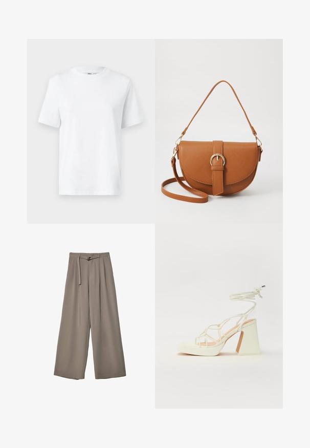 Biała bawełniana koszulka z okrągłym dekoltem, z krótkim rękawem i gładką fakturą. Zaprojektowana w luźnym kroju dla komfortu i wszechstronności.; Spodnie o szerokich nogawkach w miękkim, stonowanym szarym materiale, z paskiem w talii i plisami dla dodania detali projektowych. Gładka tekstura, bez wzorów.; Biała sandał na wysokim obcasie z masywnym słupkiem, z paskowym wzorem i wiązaniem przy kostce. Gładka faktura z platformą z przodu dla dodatkowej wysokości.; Brązowa skórzana torba na ramię o zaokrąglonym kształcie, ze złotymi akcentami i zapięciem w formie klamry. Posiada odpinany pasek na ramię.