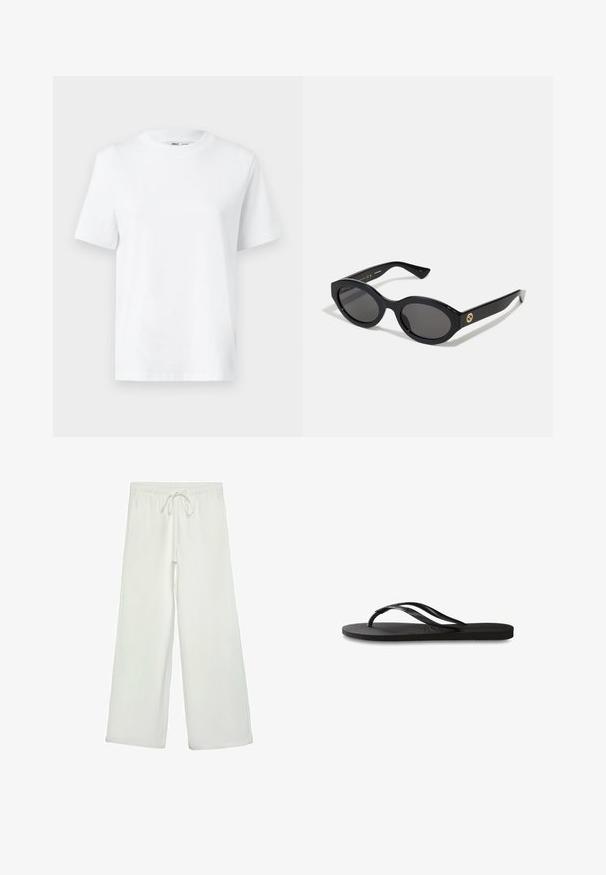Bílé bavlněné tričko s krátkým rukávem a kulatým výstřihem. Navrženo s uvolněným střihem pro pohodlí a univerzálnost.; Bílé kalhoty s širokými nohavicemi vyrobené z měkké tkaniny. Mají elastický pas se stahovací šňůrkou a hladkou strukturu. Žádné viditelné vzory ani kovové prvky.; Černé žabky s texturovanou gumovou podrážkou, dvěma štíhlými popruhy a jemným, embosovaným logem na popruhu.; Černé oválné sluneční brýle s tmavými skly a lesklým plastovým rámem. Obsahují zlaté logo na straně, které poskytuje elegantní a moderní design.; Černá tkaná taška přes rameno s dvojitými uchy a odnímatelným ramenním popruhem. Má otevřený vršek a texturovaný, lehký materiál.