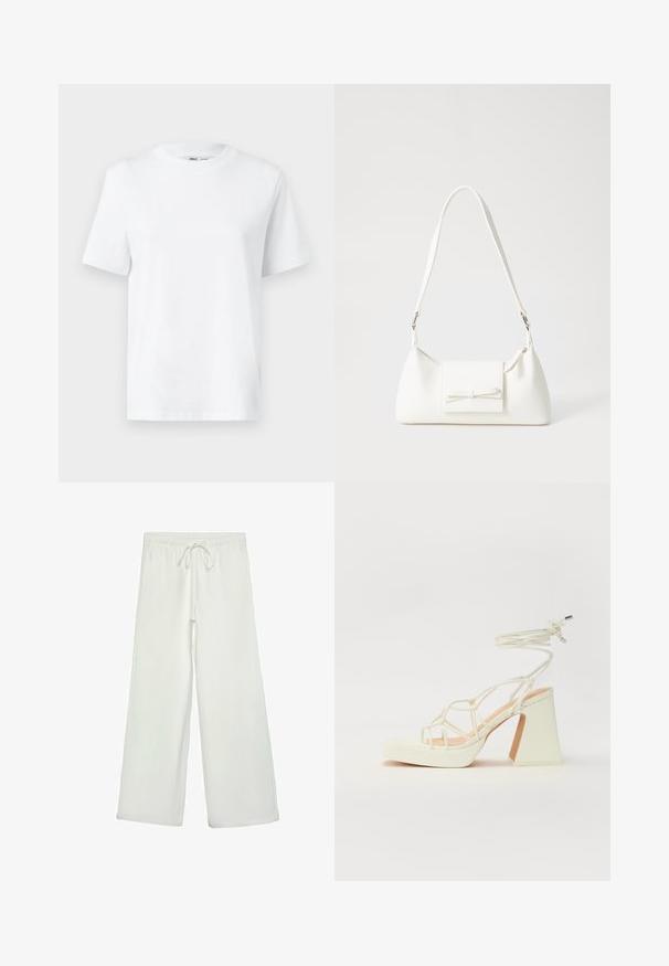 Weißes Baumwoll-T-Shirt mit Rundhalsausschnitt, kurzärmlig und mit glatter Textur. Entworfen mit einer lockeren Passform für Komfort und Vielseitigkeit.; Weiße, weit geschnittene Hose aus weichem Stoff. Mit einem elastischen Bund und einem Kordelzug sowie einer glatten Oberfläche. Keine sichtbaren Muster oder Hardware.; Weiße High-Heel-Sandale mit einem klobigen Absatz, die über ein Riemchendesign und ein Knöchelband verfügt. Glatte Textur mit einer Plattform vorne für zusätzliche Höhe.; Weiße synthetische Handtasche in dreieckiger Form, flache Vorderklappe und Schleifendetail, verstellbarer Trageriemen, glatte Textur und minimalistisches Design.