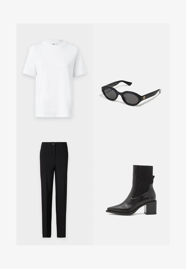 Bjela pamučna majica s kratkim rukavima i okruglim izrezom, s glatkom teksturom. Dizajnirana s opuštenim krojem za udobnost i svestranost.; Crne krojene hlače s ravnim krojem, koje imaju kopčanje na gumb i petlje za remen, izrađene od glatkog materijala.; Crne gležnjače s šiljastim nosom, izrađene od glatke kože i elastične tkanine. Imaju blok petu i minimalistički dizajn.; Crne ovalne sunčane naočale s tamnim staklima i sjajnim plastičnim okvirom. Sadrže zlatni logotip na sljepoočnici, što pruža elegantan i moderni dizajn.; Plava torba s uzorkom izrađena od tkanine, s konveksnim oblikom, crnim kožnim remenom i dizajnom loga u svjetlijoj nijansi.