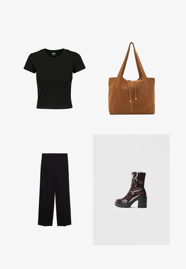 Sort kortærmet t-shirt lavet af glat bomuldsstof, med rund halsudskæring og en tætsiddende pasform. Ingen synlige mønstre eller accenter.; Sorte brede bukser med en glat stof, der har folder foran og sidelommer, designet med en lige, afslappet pasform.; Glatte burgunder ankelstøvler med en chunky sort hæl, der har en glat tekstur og et simpelt design. Ingen synlige lukninger eller mønstre.; Brun ruskinds-tote med to lange stropper, snørelukning og minimalistisk design. Glat tekstur og ingen synlige hardware-detaljer.
