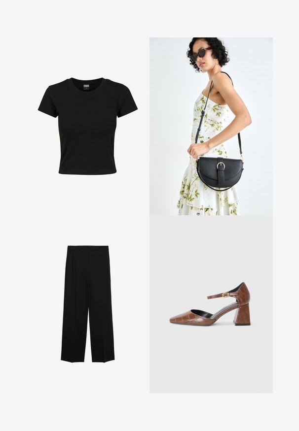 Czarny t-shirt z krótkim rękawem wykonany z gładkiego materiału bawełnianego, z okrągłym dekoltem i dopasowanym kształtem. Brak widocznych wzorów lub akcentów.; Czarne spodnie o szerokich nogawkach z gładkiego materiału, z plisami z przodu i bocznymi kieszeniami, zaprojektowane w prostym, luźnym kroju.; Brązowy lakierowany zamszowy szpilki z kwadratowym noskiem, teksturowanym wzorem krokodyla, paskiem na kostkę z złotą klamrą i masywnym obcasem.; Czarna skórzana torebka o zakrzywionym kształcie, z odpinanym paskiem i złotymi akcentami. Torebka posiada klapę z zapięciem w kształcie klamry.