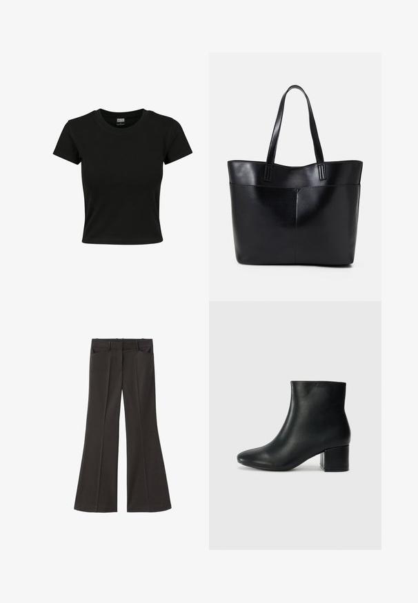 Sort kortærmet t-shirt lavet af glat bomuldsstof, med rund halsudskæring og en tætsiddende pasform. Ingen synlige mønstre eller accenter.; Sorte flagrende bukser med høj talje; har to forlommer og en glat stofstruktur. Egnet til forskellige anledninger.; Sorte læder ankelstøvler med spids tå og en kraftig hæl. Glat tekstur med minimale detaljer og et slankt, tætsiddende design.; Sort læder tote taske med to lange håndtag, en glat tekstur og en struktureret form. Har en forlommem for ekstra opbevaring.