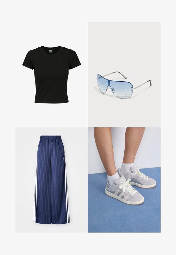 Černé tričko s krátkým rukávem vyrobené z hladké bavlněné tkaniny, s kulatým výstřihem a přiléhavým střihem. Žádné viditelné vzory nebo akcenty.; Námořnické modré kalhoty s širokými nohavicemi a vertikálními bílými pruhy, s elastickým pasem a třemi bílými pruhy po každé straně, vyrobené z lehkého materiálu.; Šedé semišové tenisky s bílými tkaničkami a gumovou podrážkou, s třemi šikmými pruhy po straně a logem na jazyku.; Pilotské sluneční brýle s modrými gradientními skly, stříbrným kovovým rámem a dekorativními hvězdnými akcenty na sklech. Hladký a elegantní design.