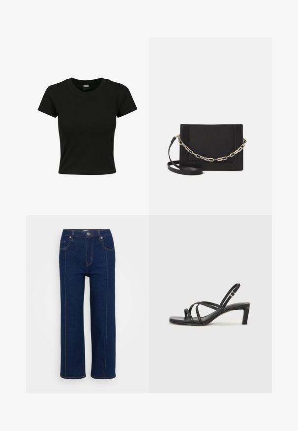Crna majica s kratkim rukavima izrađena od glatkog pamučnog materijala, s okruglim izrezom i prilagođenim oblikom. Nema vidljivih uzoraka ili naglasaka.; Tamno plave traperice ravnog kroja s kopčanjem na gumbe, prednjim i stražnjim džepovima te vidljivim narančastim šavovima duž šavova.; Crne sandale s trakama, kvadratnim prstom i niskom blok petom. Ima više tankih trakica i podesivu trakicu oko gležnja. Izrađene su od glatke kože.; Crna kožna torba preko tijela s glatkom teksturom, pravokutnim oblikom i metalnim lancem na prednjoj strani. Uključena je podesiva naramenica.