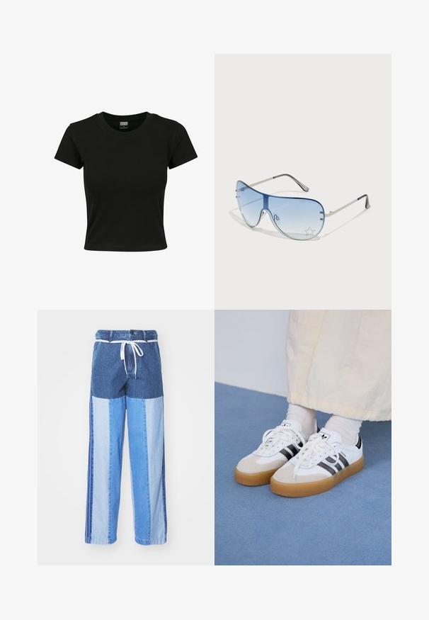 Črna kratka majica s kratkimi rokavi, izdelana iz gladkega bombažnega materiala, z okroglim izrezom in oprijetim krojem. Brez vidnih vzorcev ali dodatkov.; Modre jeans hlače s patchwork dizajnom v različnih odtenkih modre, vrvico za prilagajanje na pasu in ohlapnimi, ravnimi nogavicami.; Bele tene škornje s črnimi črtami in bež usnjenimi detajli. Imajo teksturirano gumijasto podplat in ravne bele vezalke, nosijo se z svetlimi nogavicami.; Pilotne sončne očala z gradijentnimi modrimi lečami, srebrnim kovinskim okvirjem in okrasnimi zvezdastimi detajli na lečah. Gladek in eleganten dizajn.